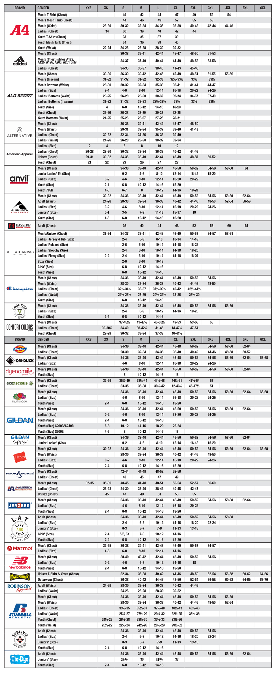 365 Printing Size Chart